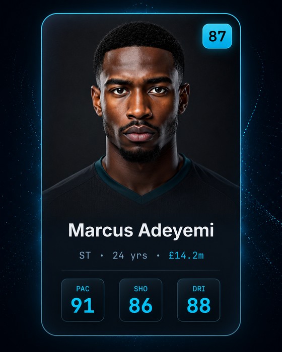 Marcus Adeyemi — rated 87. Striker, 24 years old, valued at £14.2m. Pace 91, shooting 86, dribbling 88.