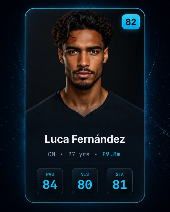 Luca Fernández — rated 82. Central midfielder, 27 years old, valued at £9.8m. Passing 84, vision 80, stamina 81.