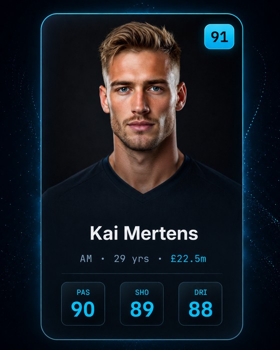 Kai Mertens — rated 91. Attacking midfielder, 29 years old, valued at £22.5m. Passing 90, shooting 89, dribbling 88.