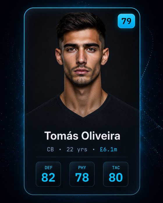 Tomás Oliveira — rated 79. Centre-back, 22 years old, valued at £6.1m. Defending 82, physical 78, tackling 80.