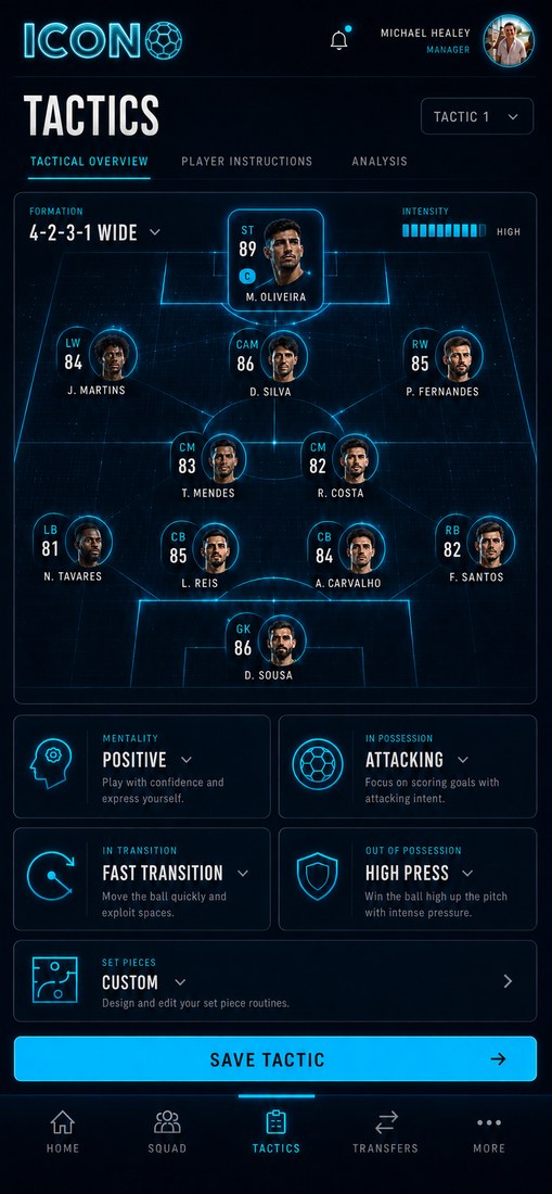 The Icon tactics screen, showing a 4-2-3-1 formation with eleven individually rated players, each with their own face and name.